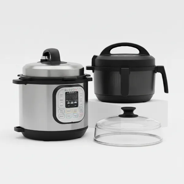 Instant Pot Duo Crisp with two interchangeable lids for pressure cooking and air frying.