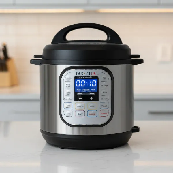 sleek instant pot duo plus multi-cooker on a kitchen counter, showcasing its various functions