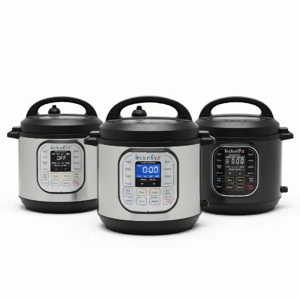 Side-by-side comparison of Instant Pot Duo, Duo Nova, and Pro models highlighting design differences.