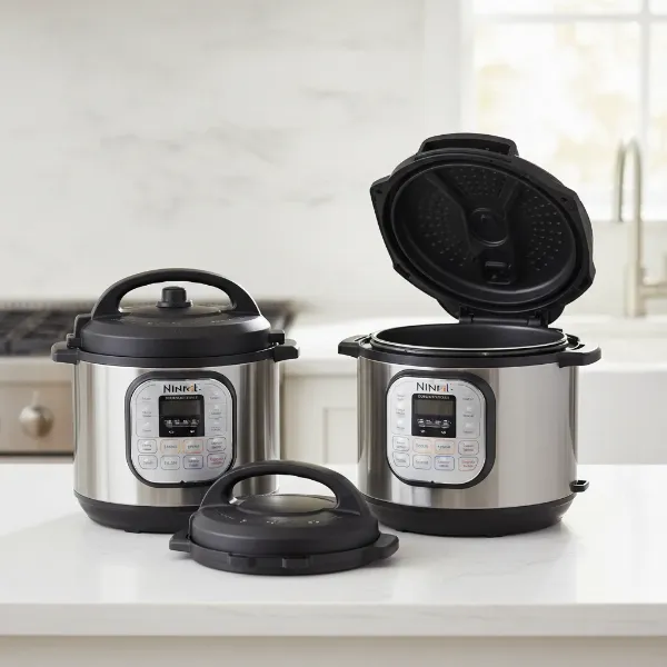 Side-by-side comparison of Instant Pot and Ninja Foodi, showing distinct lid designs and sizes.