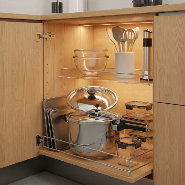 Pressure cooker stored in a deep kitchen cabinet with pull-out shelves, lid inverted.