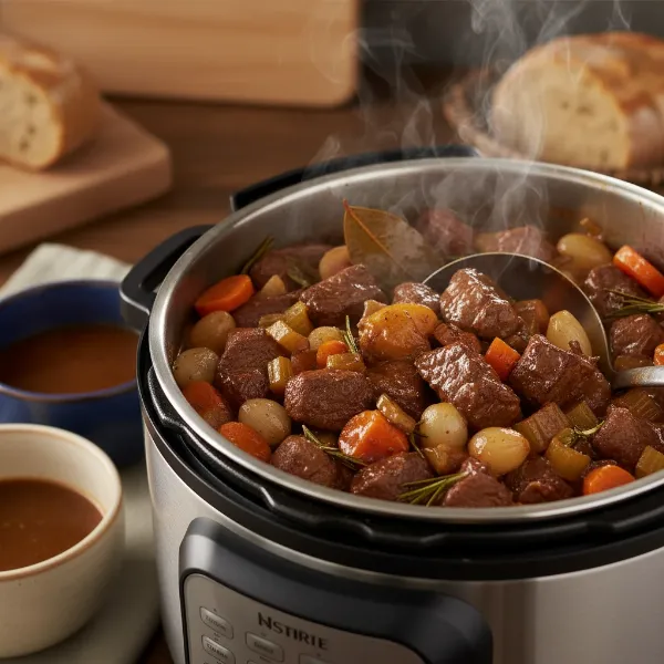 A hearty large-batch meal, like beef stew or pulled pork, prepared in a pressure cooker and ready to serve.