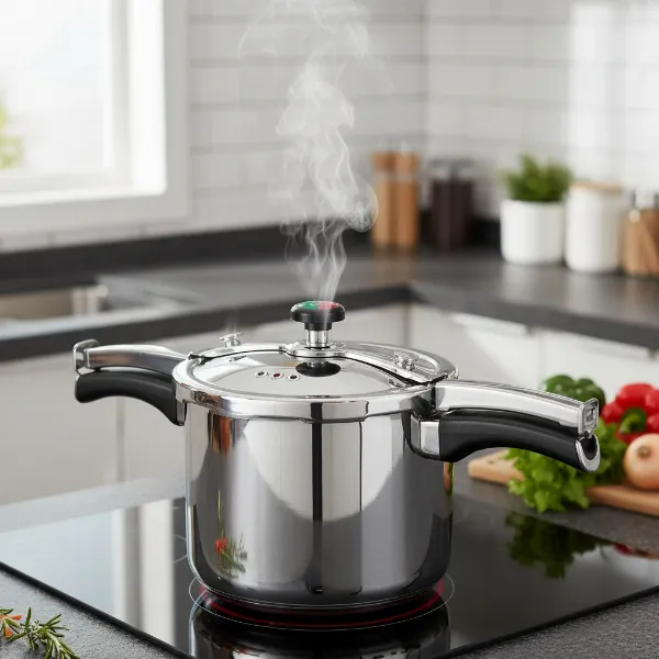 a close-up of a magefesa star stovetop pressure cooker, highlighting its stainless steel construction and ergonomic handles