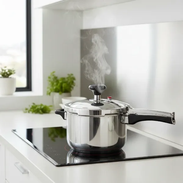 A traditional stovetop pressure cooker, likely aluminum or stainless steel, on a kitchen hob.