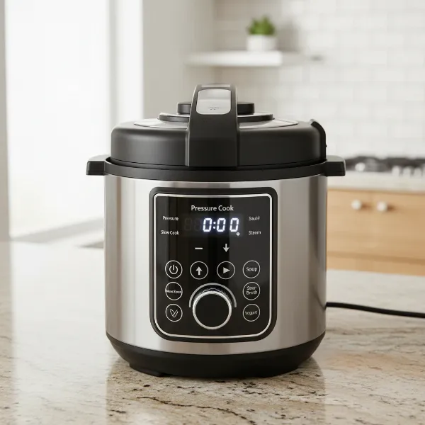 A sleek, modern electric pressure cooker with a digital display showing multiple cooking functions.