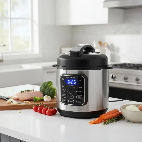 Modern electric pressure cooker in a kitchen with various functions.