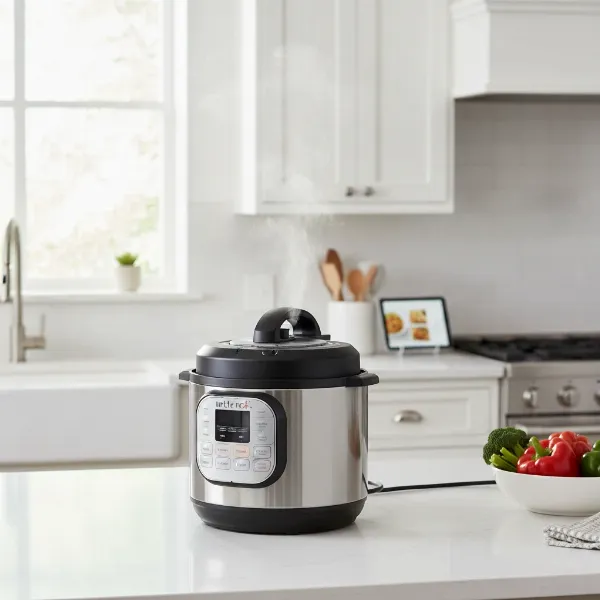 Modern electric pressure cooker on a kitchen counter with steam, ready for cooking