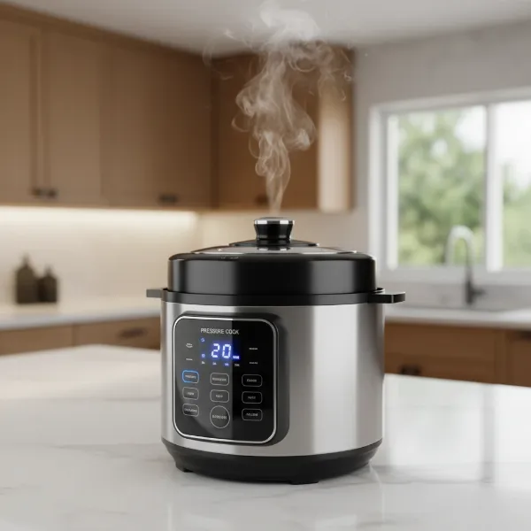 A modern electric pressure cooker on a kitchen counter, highlighting its sleek design and advanced safety features.