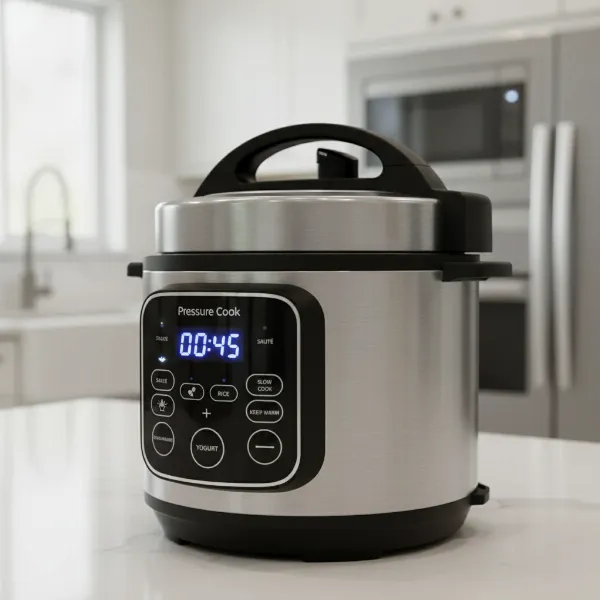 A sleek, silver modern electric pressure cooker sits on a clean kitchen counter.