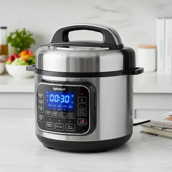 A sleek, modern electric multi-cooker like an Instant Pot, showing digital display and multiple function buttons.