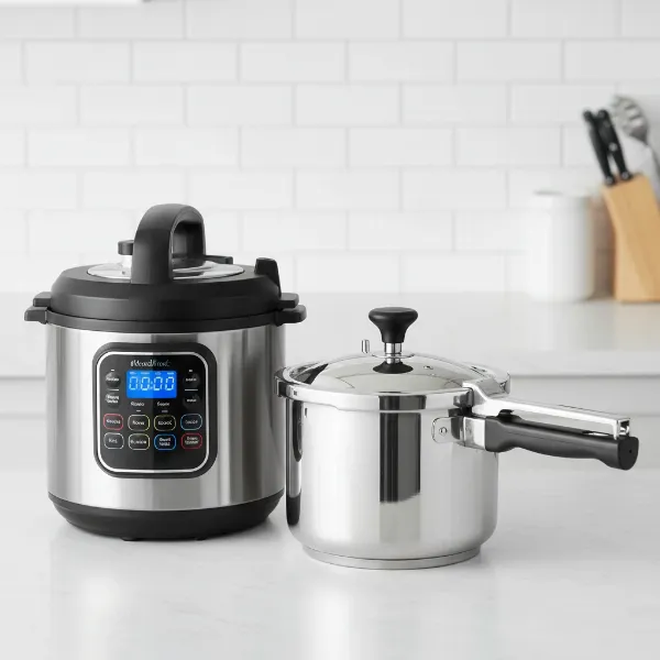 An advanced electric pressure cooker side-by-side with a traditional stovetop model, showcasing modern kitchen appliances.