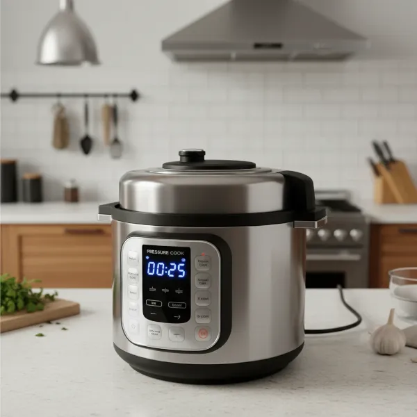 A sleek, modern pressure cooker on a kitchen counter, ready for cooking, highlighting efficiency.