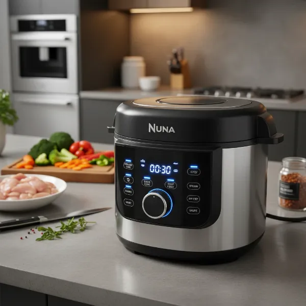 A sleek, modern multi-cooker displaying multiple cooking functions like pressure cook and air fry.