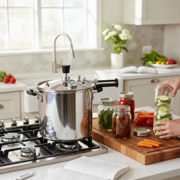 Modern pressure canner safely preserving low-acid foods like vegetables and meats.