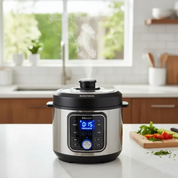 A sleek modern electric pressure cooker on a kitchen counter with steam rising from its valve.