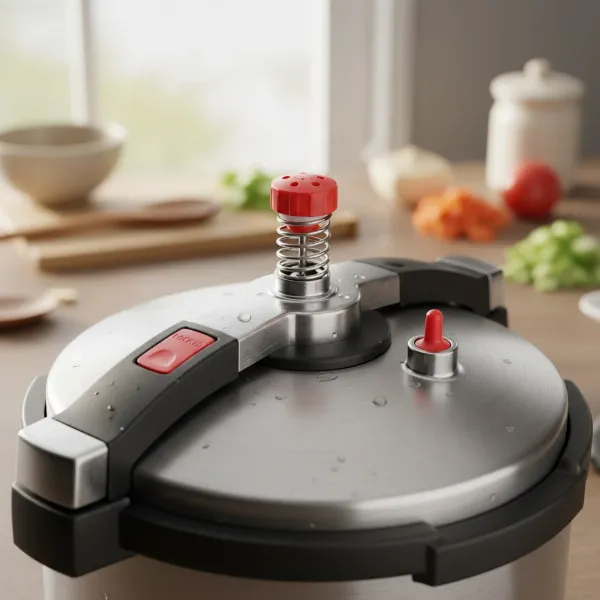 Close-up of a modern pressure cooker lid, showing safety features like locking mechanism and pressure indicator.
