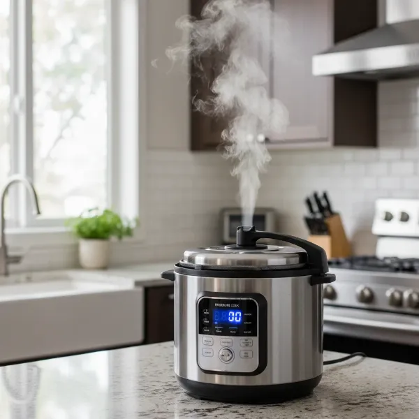 Modern pressure cooker building pressure with steam visible, illustrating fast cooking principles.