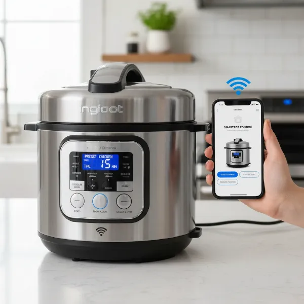 A sleek, modern smart pressure cooker with digital display and a smartphone showing its app.