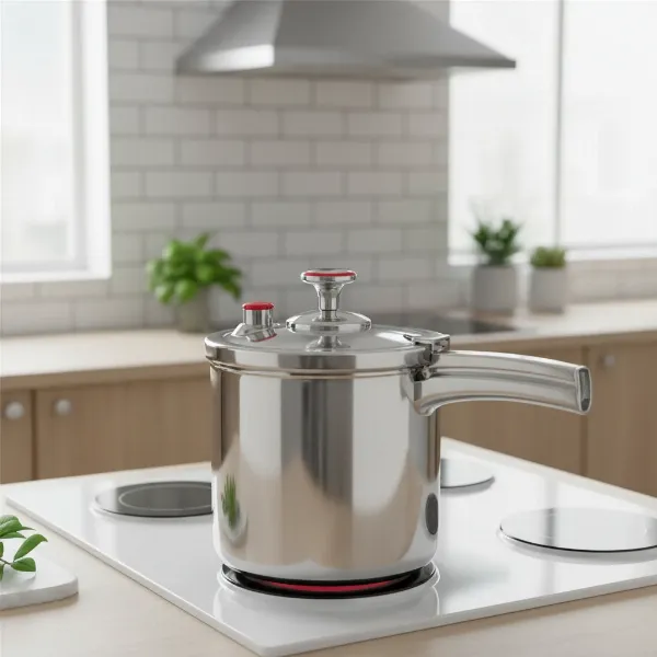 A shining silver modern stovetop pressure cooker on a kitchen hob