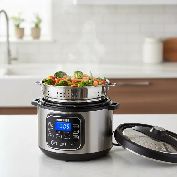 Mueller UltraPot 6Q electric pressure cooker steaming food with its included stainless steel basket.