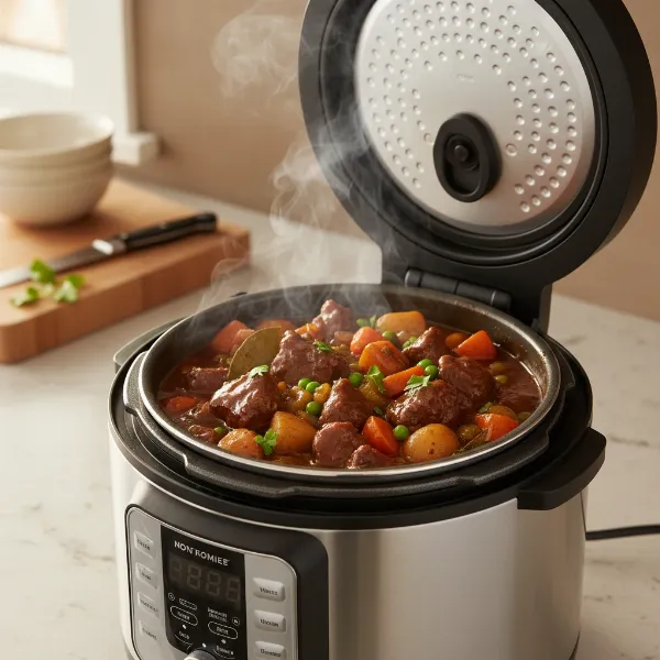 A pressure cooker with steam gently dissipating, showcasing tender meat or a stew inside.