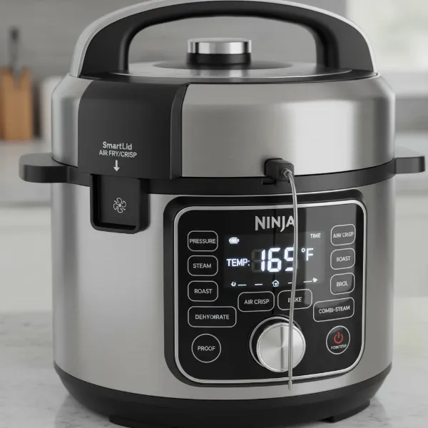 Close-up of Ninja Foodi Smart XL showing SmartLid slider and integrated smart thermometer display.