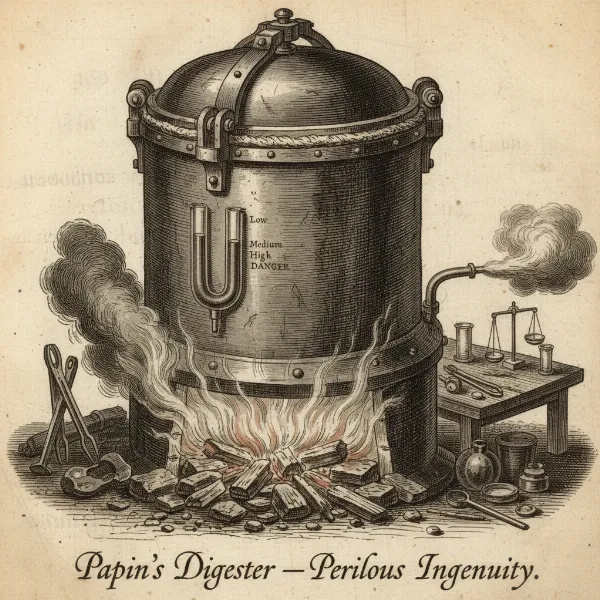 Illustration of Denis Papin's 17th-century steam digester, a dangerous early pressure cooker with no safety valve.