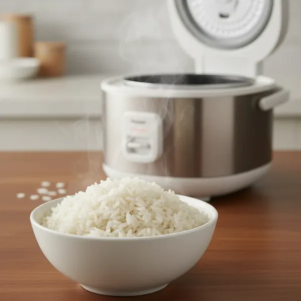 A close-up of perfectly cooked, fluffy white rice in a ceramic bowl, with a modern rice cooker in the background.