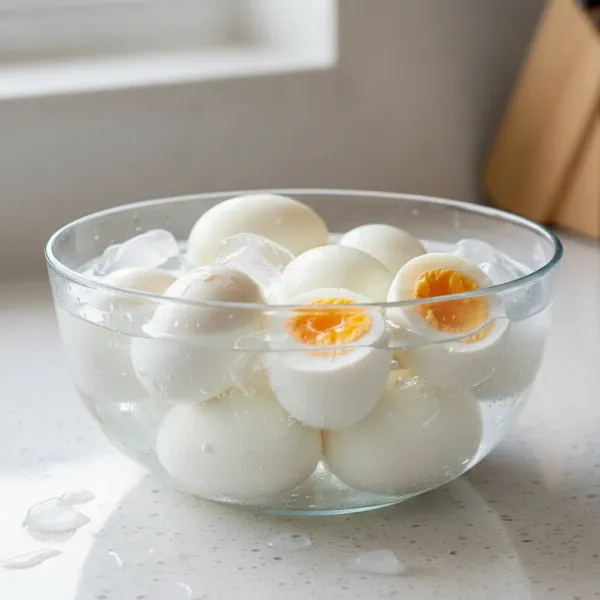 A bowl filled with ice water, containing several perfectly cooked and easily peelable hard-boiled eggs.