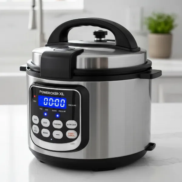 Power Pressure Cooker XL showing its digital display and various cooking function buttons.
