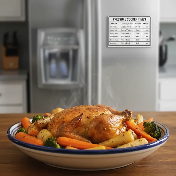 Perfectly cooked food from a pressure cooker, achieved with accurate timing from a cheat sheet.