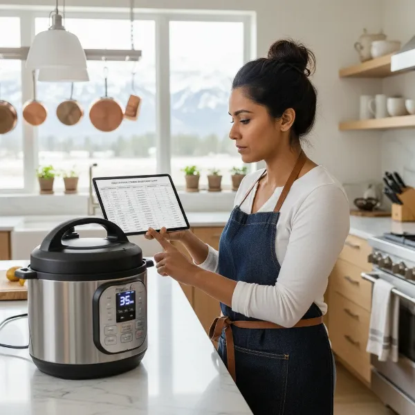 Person adjusting pressure cooker settings using an altitude cooking chart for accuracy.