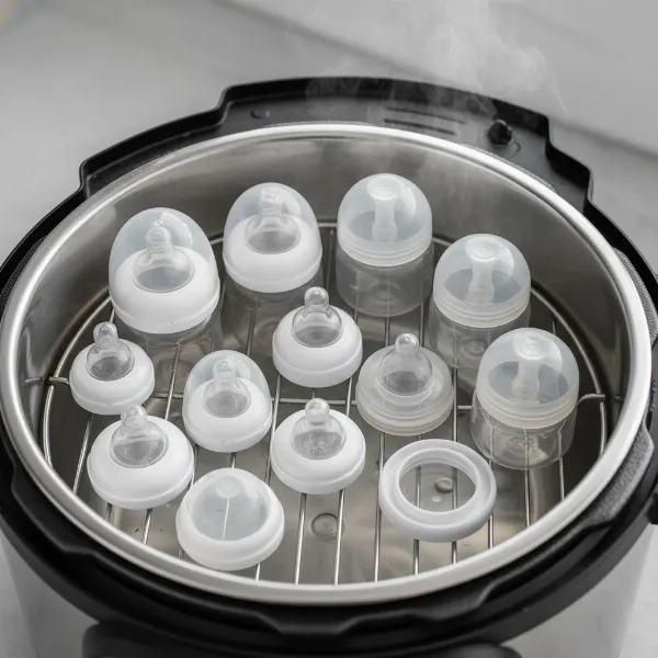 Baby bottles and pump parts arranged inside a pressure cooker for sterilization.