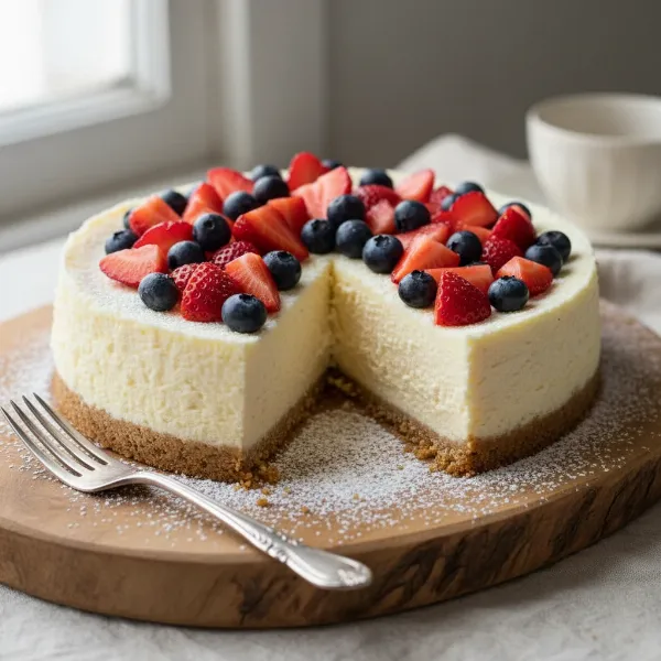 A perfectly smooth, creamy, and crack-free cheesecake made in a pressure cooker, garnished with fresh berries.