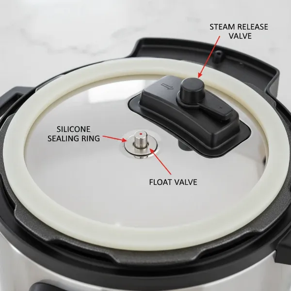 Close-up of a pressure cooker lid, highlighting sealing ring, float valve, and steam release valve.