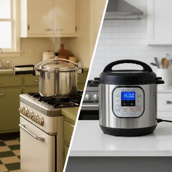Visualizing the historical transformation of pressure cookers from classic stovetop to modern electric appliances.