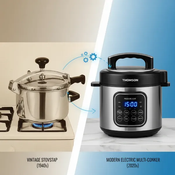 Evolution of pressure cookers from traditional stovetop models to modern electric multi-cookers.