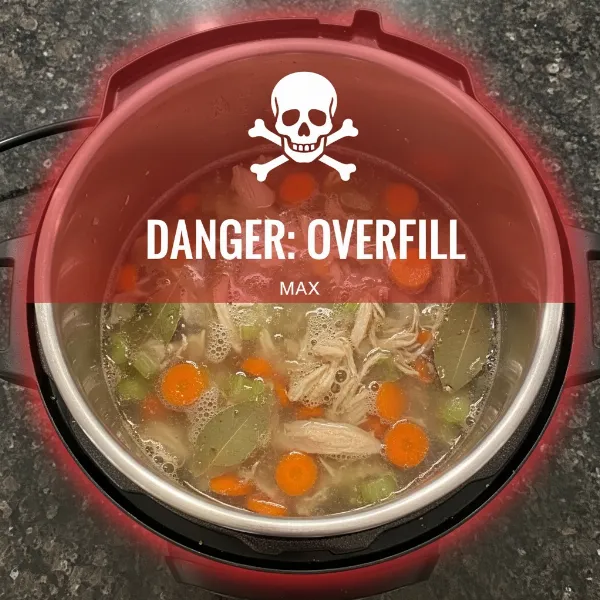 A pressure cooker showing the maximum fill line, demonstrating correct and incorrect liquid levels.