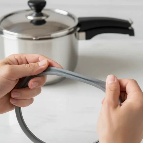 Hands performing a snap test on a pressure cooker gasket, showing elasticity.