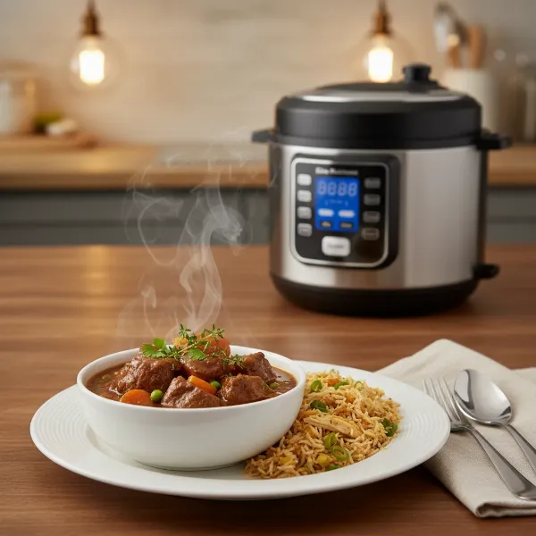 A beautifully plated hearty stew or a complete meal cooked in an Elite Platinum pressure cooker.