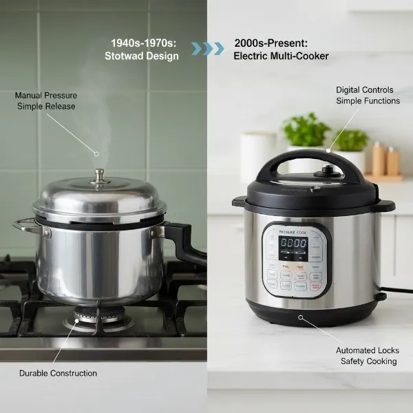 A visual timeline showing the evolution of pressure cookers from classic stovetop to modern electric models.