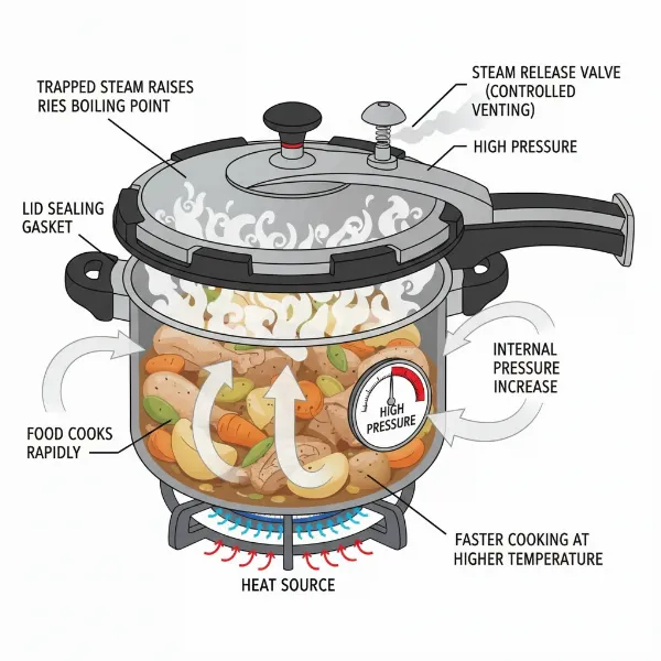 Diagram illustrating the mechanism of a pressure cooker, showing steam, pressure, and heat
