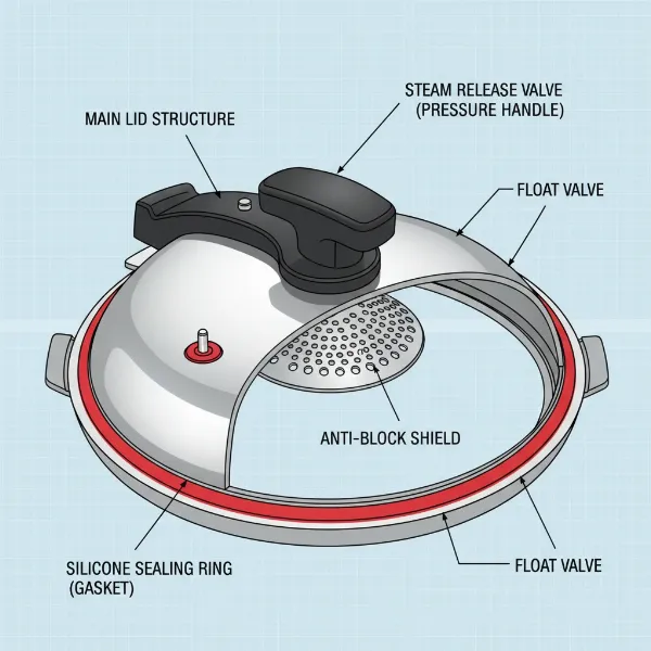 Detailed diagram of pressure cooker lid components: sealing ring, steam release valve, anti-block shield, float valve.