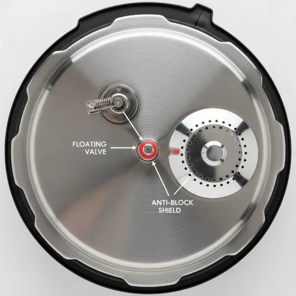 Underside of a pressure cooker lid, highlighting the floating valve and anti-block shield.