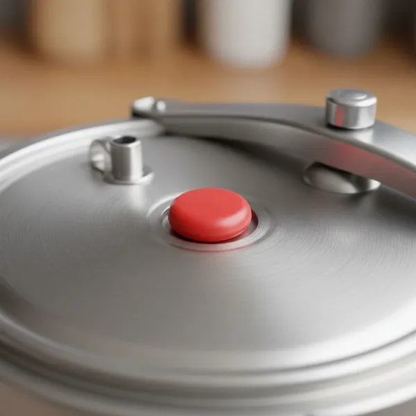 Close-up of a pressure cooker's overpressure safety plug, highlighting its critical role in preventing excessive pressure.