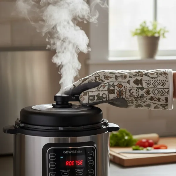 A close-up of an electric pressure cooker with steam releasing from the vent, showing safe operation.
