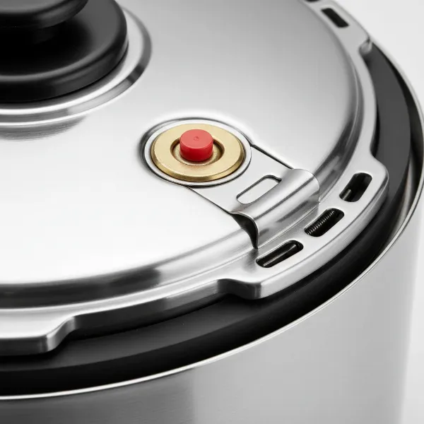 Close-up of pressure cooker safety valve and gasket, highlighting key safety features.