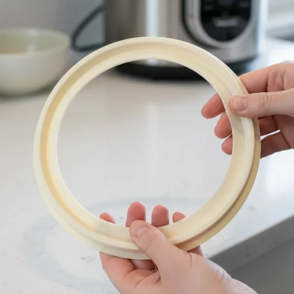 Close-up of a pressure cooker sealing ring being inspected for wear and tear before use.