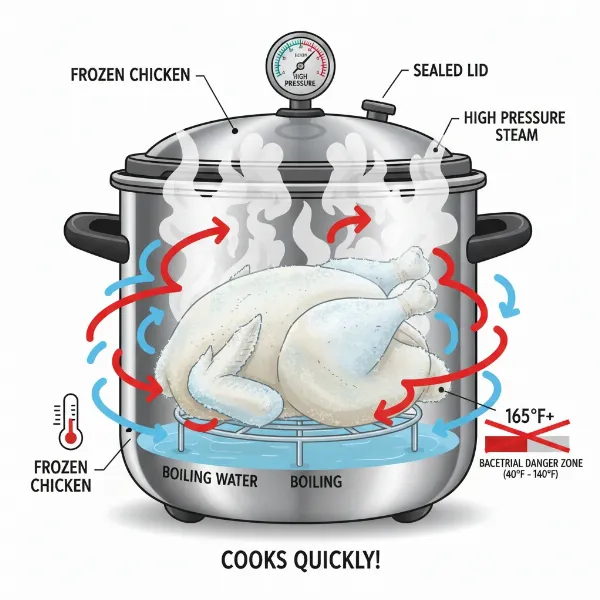 Illustration of a pressure cooker cooking frozen chicken, showing steam and high pressure for safety.