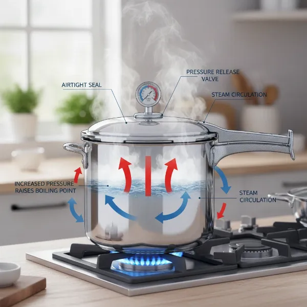 schematic diagram of a stovetop pressure cooker showing steam and internal pressure buildup